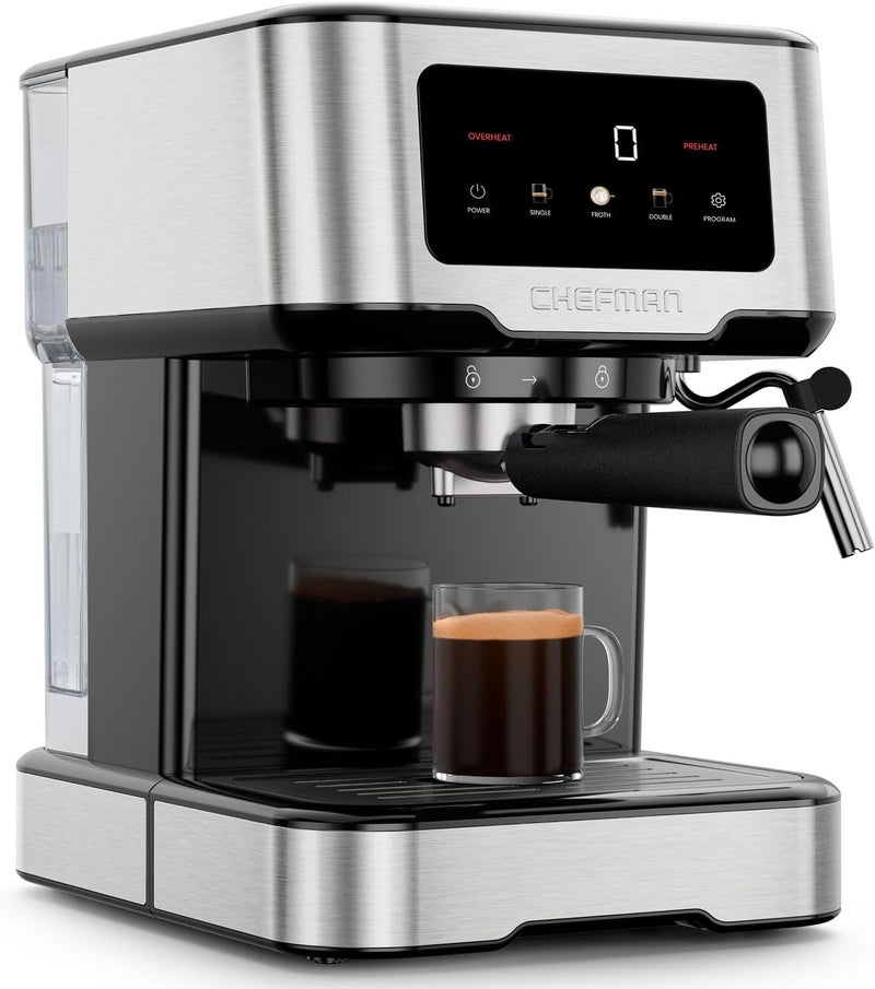 Chefman CraftBrew Espresso Machine, 15-Bar Pump Digital Espresso Maker w/Steam Wand for Latte & Cappuccino, Compact Espresso Coffee Machine w/ 1.5L Removable Water Reservoir - Stainless Steel - Image 1